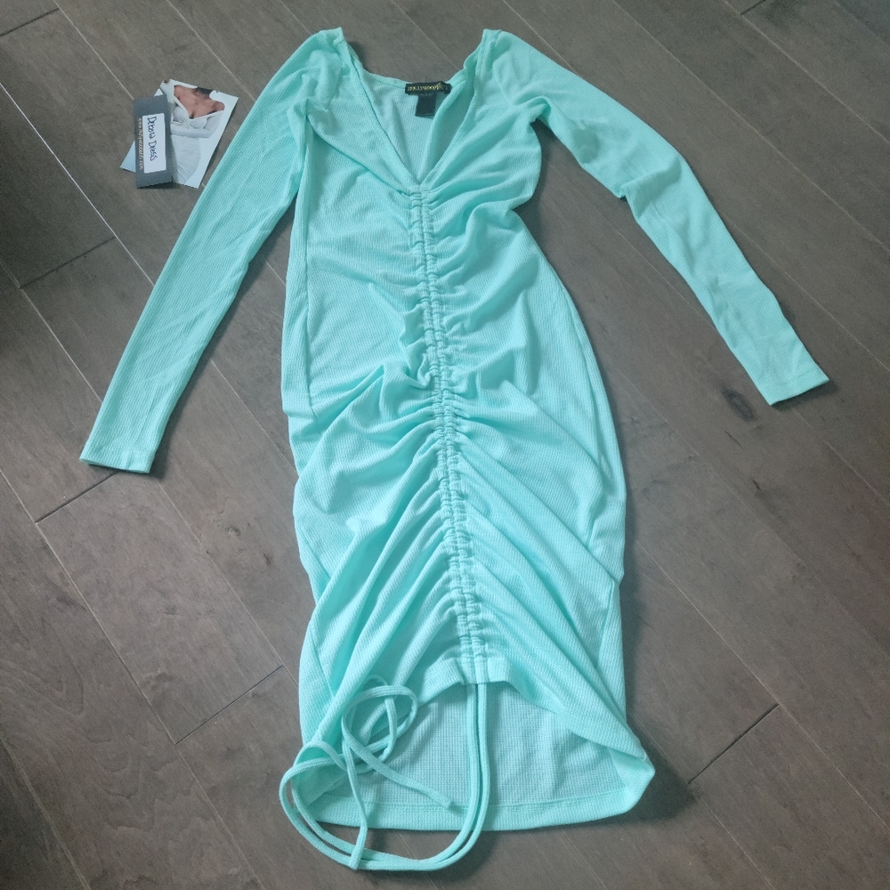 NYE '24 Bodycon Ruched Sea Green Dress Long Sleeves